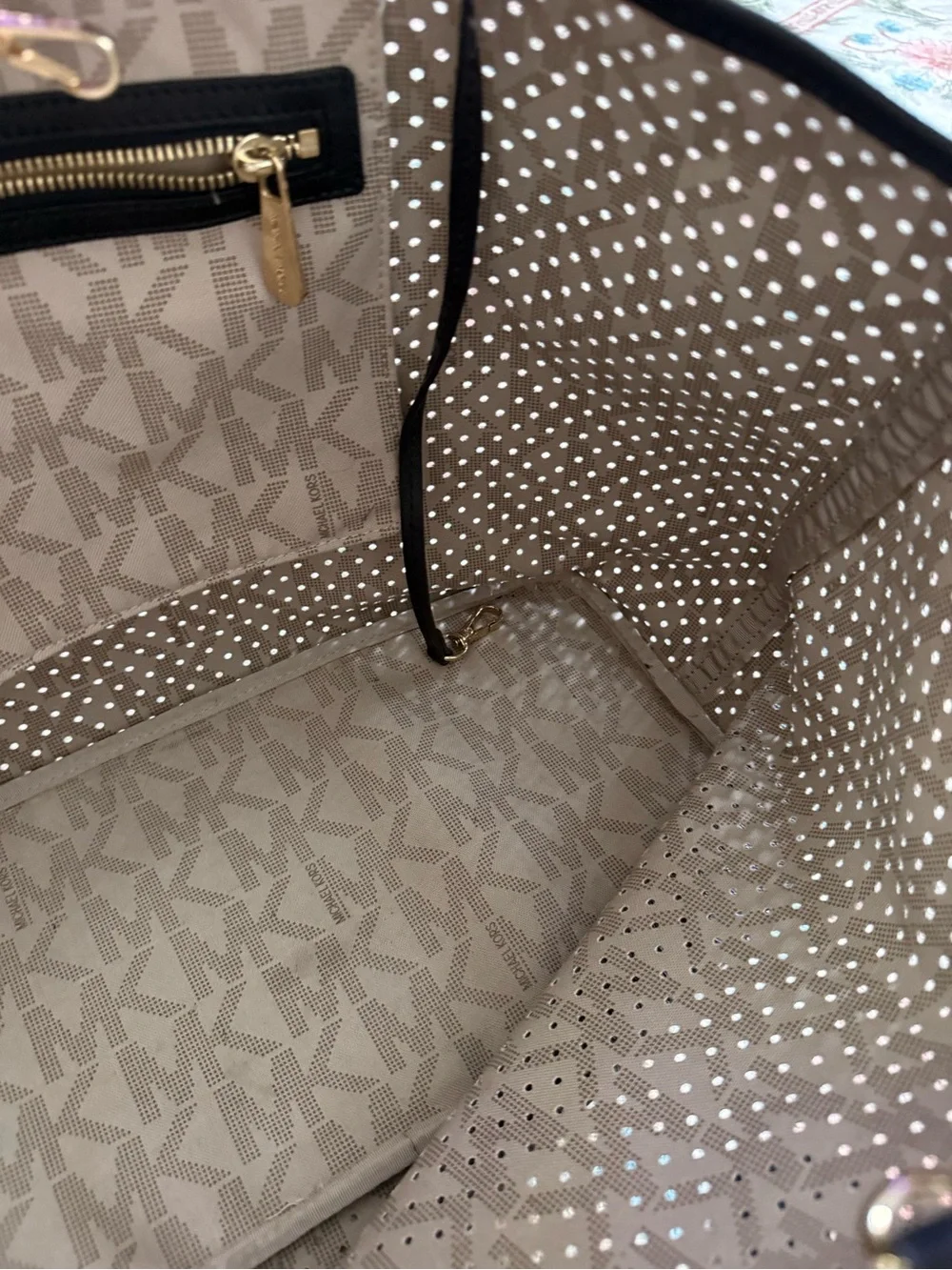 Michael Kors Black Perforated Tote with Gold Logo Charm